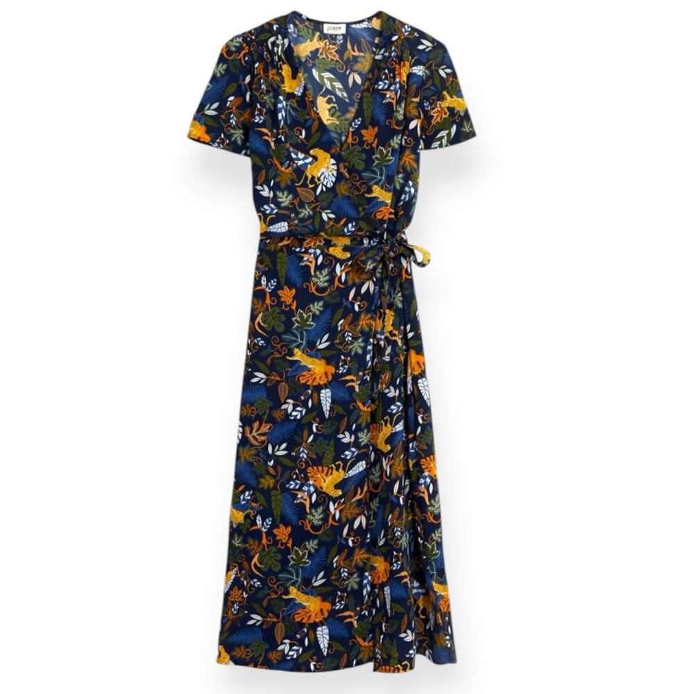 NWT J. Crew Drapey Twill Wrap Midi Dress Size 8 Blue Jungle Floral Print